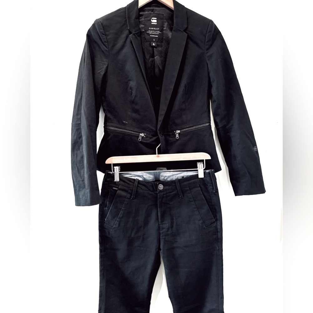 G Star suit. sateen cotton fitted blazer & flared slacks